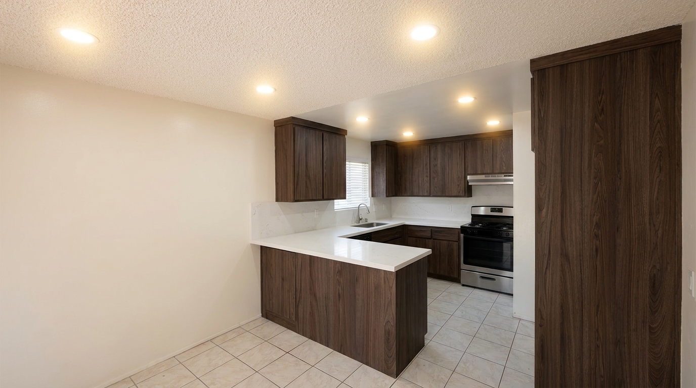 Walnut U-shaped kitchen remodel with white quartz countertops in Los Angeles