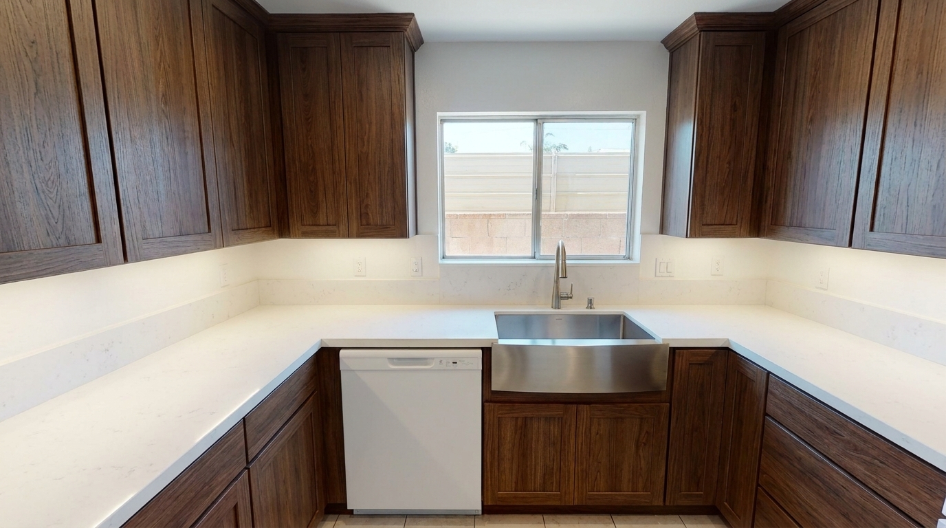 Walnut flat-panel kitchen with marble backsplash and farmhouse sink